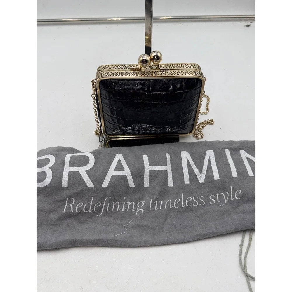 Brahmin Espresso Brown Croc Embossed Leather Kiss Lock Clutch Crossbody Bag